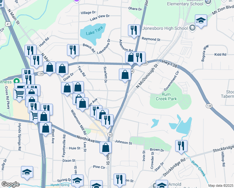 map of restaurants, bars, coffee shops, grocery stores, and more near 113 Fifth Avenue in Jonesboro