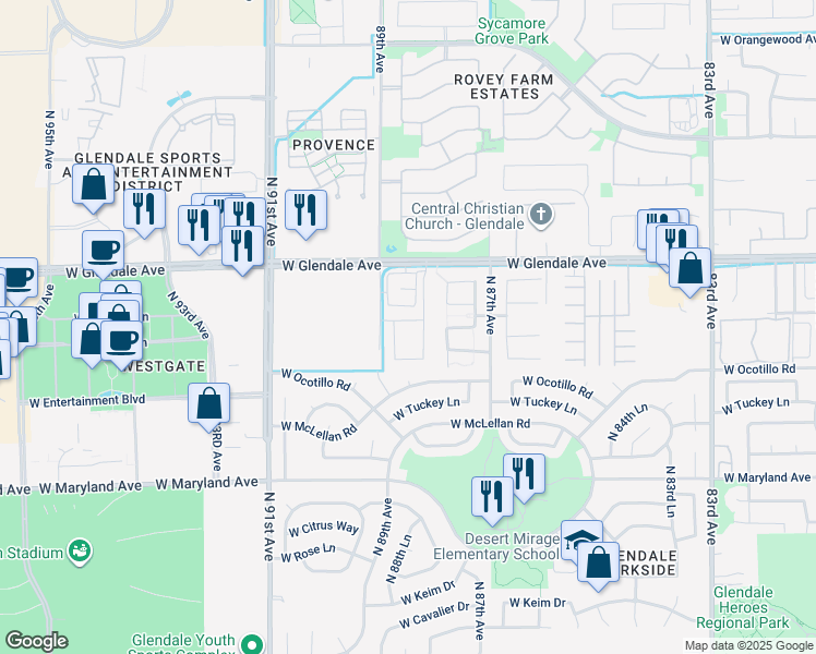 map of restaurants, bars, coffee shops, grocery stores, and more near 8835 Fleetwood Lane in Glendale