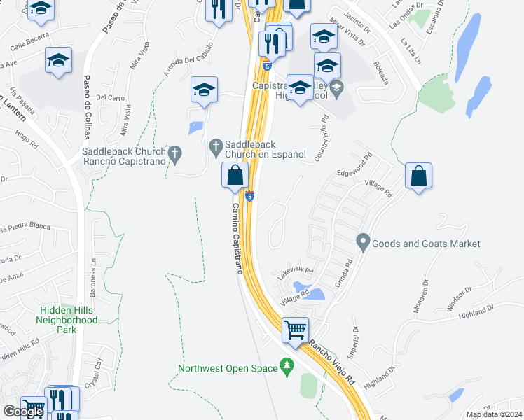 map of restaurants, bars, coffee shops, grocery stores, and more near 29612 Spotted Bull Lane in San Juan Capistrano