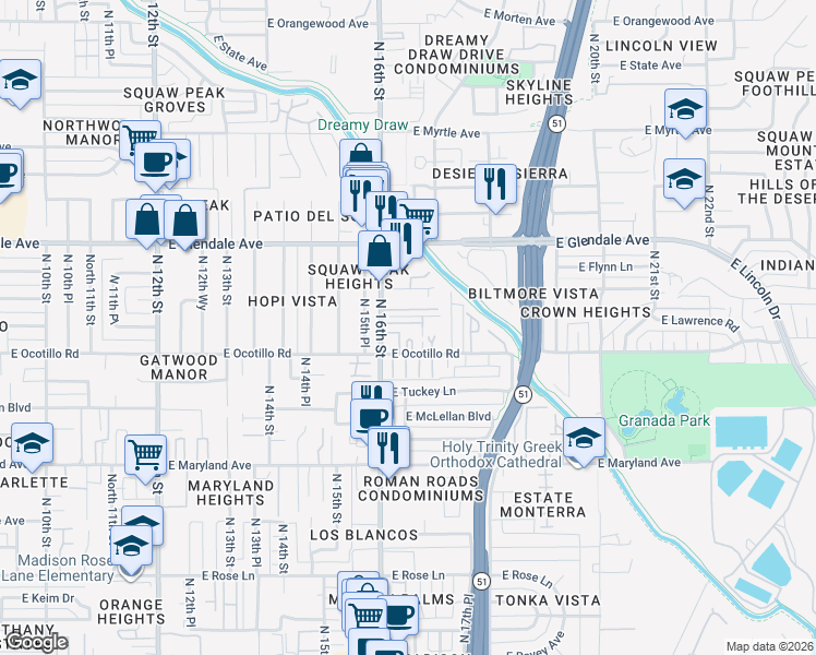 map of restaurants, bars, coffee shops, grocery stores, and more near 6729 North 16th Street in Phoenix
