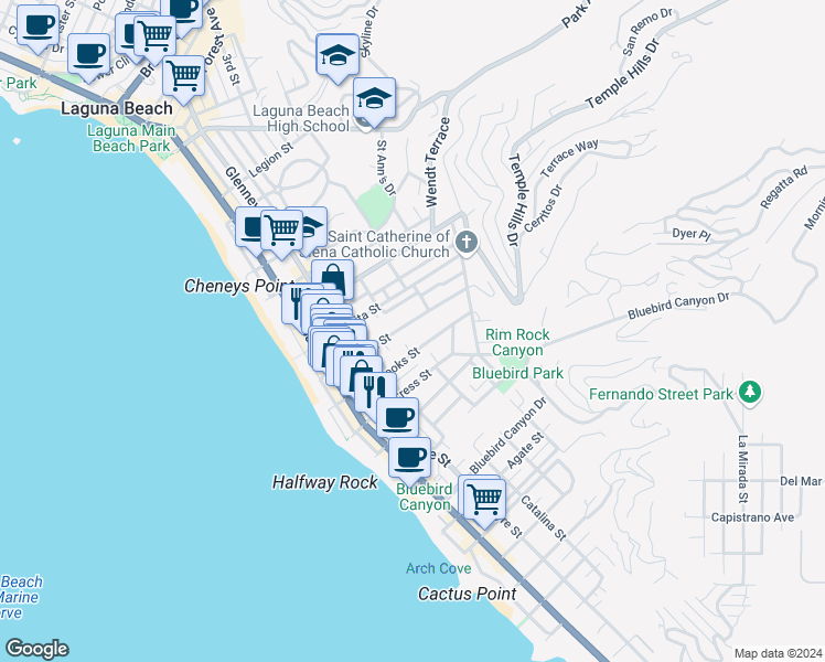 map of restaurants, bars, coffee shops, grocery stores, and more near 515 Oak Street in Laguna Beach