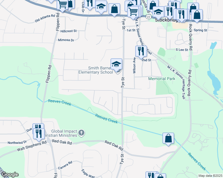 map of restaurants, bars, coffee shops, grocery stores, and more near 116 Glynn Addy Drive in Stockbridge