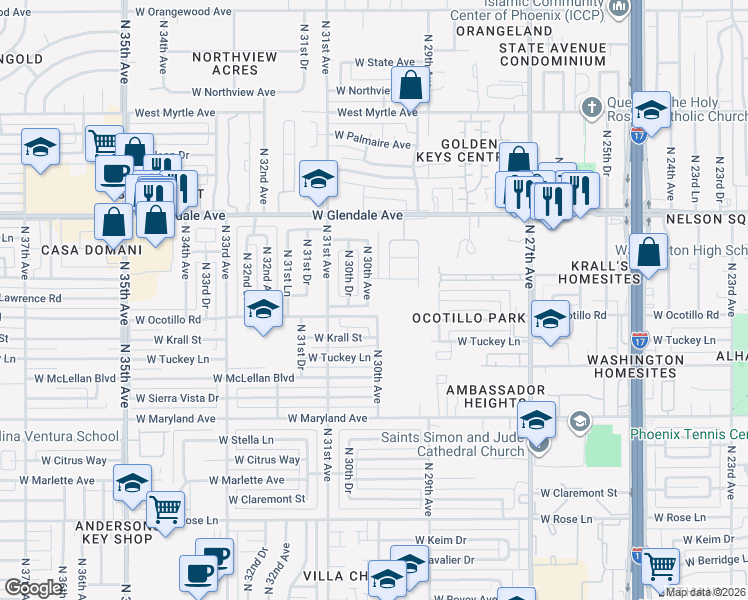 map of restaurants, bars, coffee shops, grocery stores, and more near 6705 North 30th Avenue in Phoenix