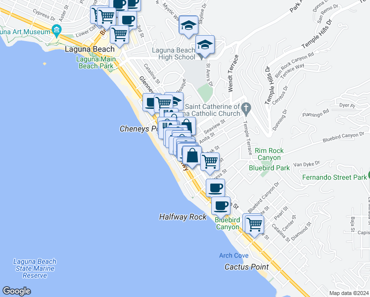 map of restaurants, bars, coffee shops, grocery stores, and more near 989 Glenneyre Street in Laguna Beach