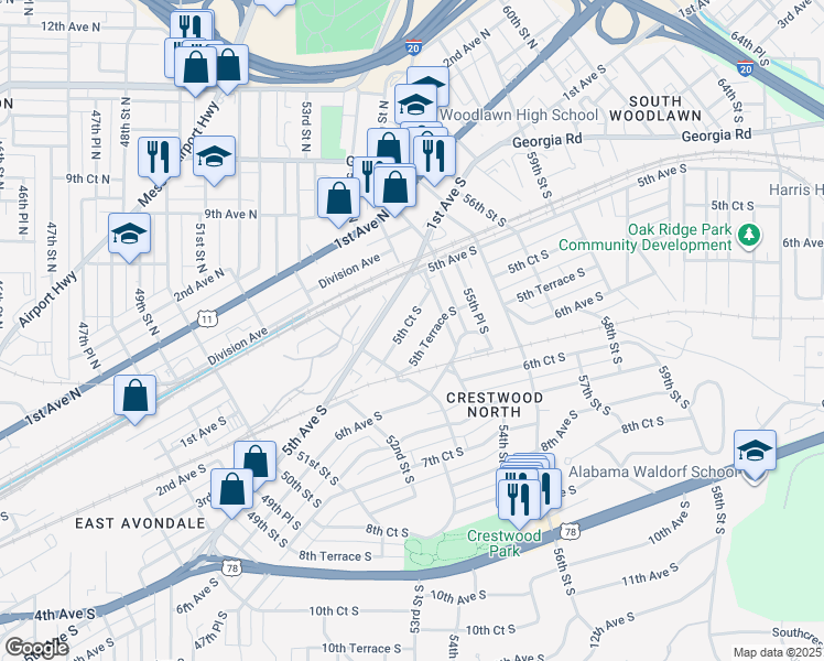 map of restaurants, bars, coffee shops, grocery stores, and more near 5337 5th Ct S in Birmingham