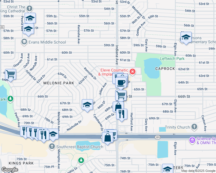 map of restaurants, bars, coffee shops, grocery stores, and more near 3410 65th Drive in Lubbock