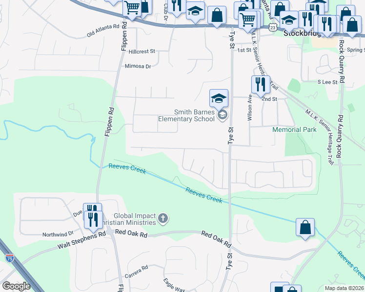 map of restaurants, bars, coffee shops, grocery stores, and more near 148 Glynn Addy Drive in Stockbridge