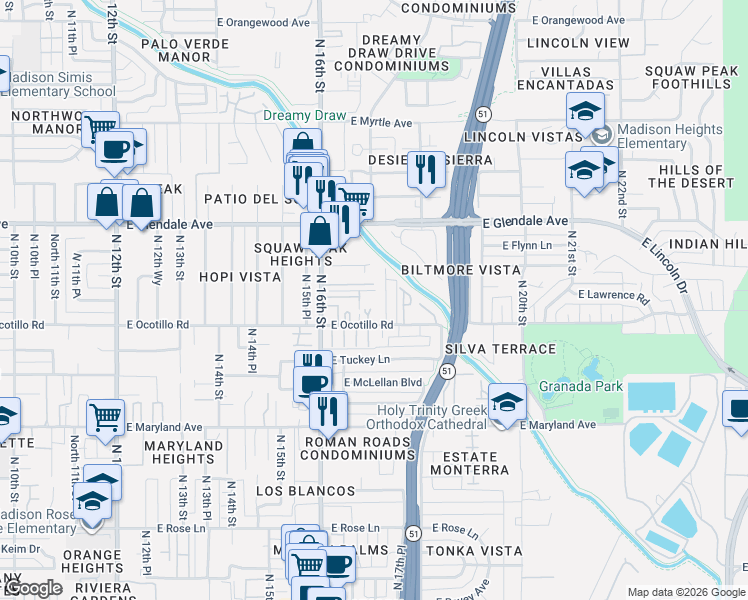 map of restaurants, bars, coffee shops, grocery stores, and more near 6733 North 16th Street in Phoenix
