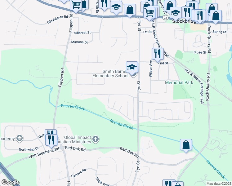 map of restaurants, bars, coffee shops, grocery stores, and more near 134 Glynn Addy Drive in Stockbridge