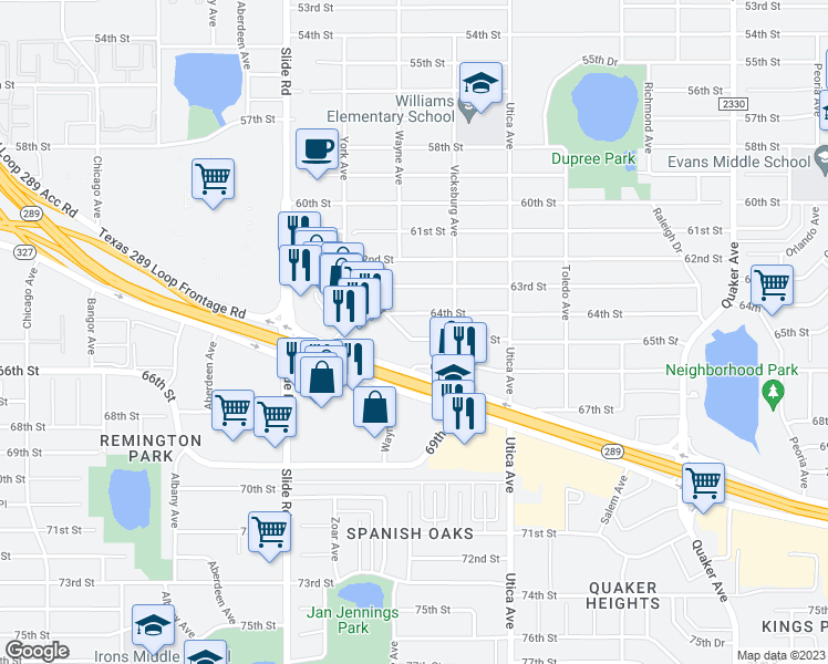 map of restaurants, bars, coffee shops, grocery stores, and more near 4916 65th Street in Lubbock