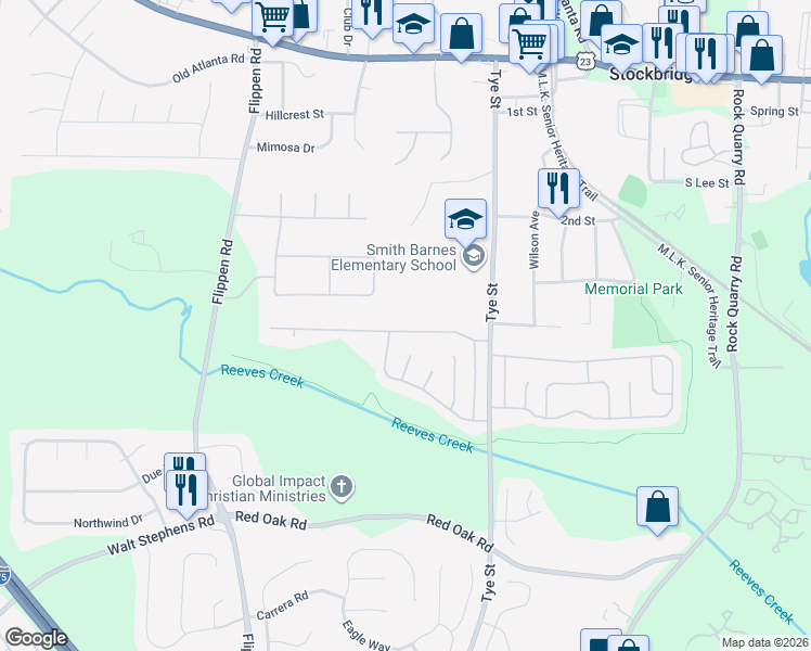 map of restaurants, bars, coffee shops, grocery stores, and more near 138 Glynn Addy Drive in Stockbridge