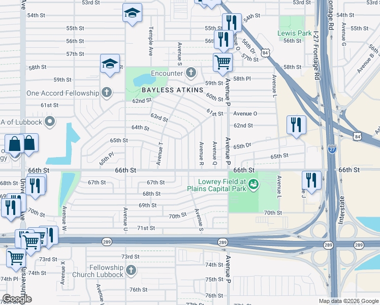 map of restaurants, bars, coffee shops, grocery stores, and more near 6115 Avenue S in Lubbock
