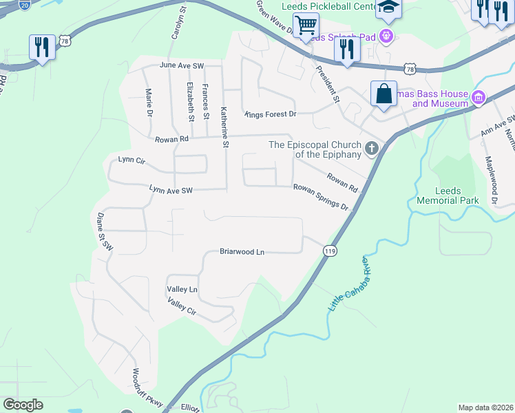 map of restaurants, bars, coffee shops, grocery stores, and more near 7050 Greenwood Lane Southwest in Leeds
