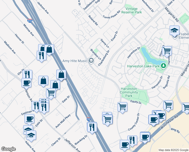 map of restaurants, bars, coffee shops, grocery stores, and more near 40567 Birchfield Drive in Temecula