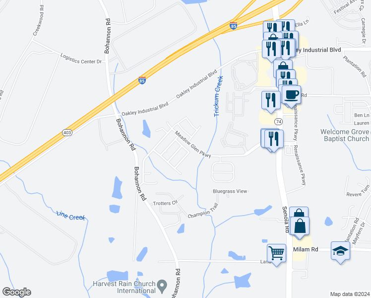 map of restaurants, bars, coffee shops, grocery stores, and more near Preserve Pass in Fairburn