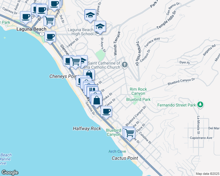 map of restaurants, bars, coffee shops, grocery stores, and more near 515 Oak Street in Laguna Beach