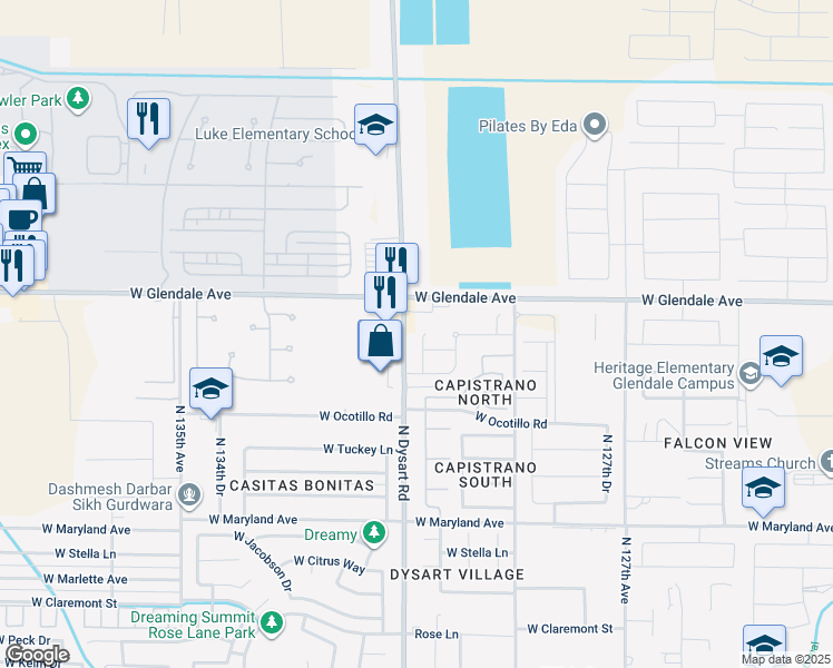 map of restaurants, bars, coffee shops, grocery stores, and more near 6910 North 130th Lane in Glendale