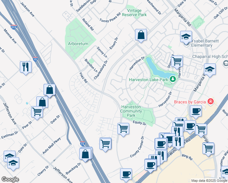 map of restaurants, bars, coffee shops, grocery stores, and more near 28488 Plymouth Way in Temecula
