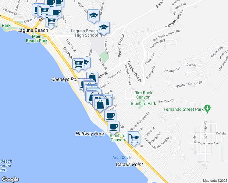 map of restaurants, bars, coffee shops, grocery stores, and more near 515 Oak Street in Laguna Beach