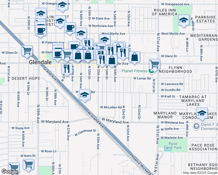 map of restaurants, bars, coffee shops, grocery stores, and more near 6713 North 54th Drive in Glendale