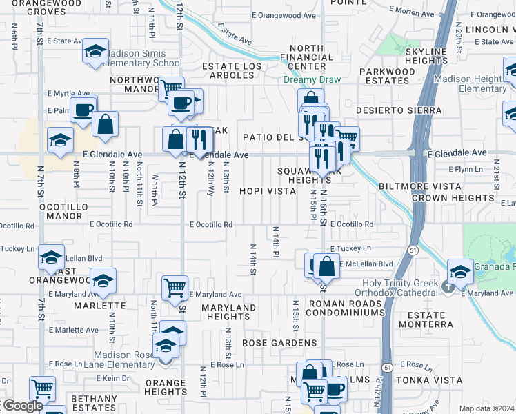 map of restaurants, bars, coffee shops, grocery stores, and more near 6724 North 14th Street in Phoenix