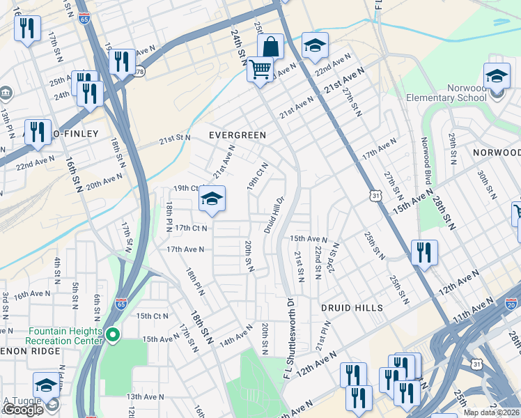 map of restaurants, bars, coffee shops, grocery stores, and more near 1605 20th Street North in Birmingham
