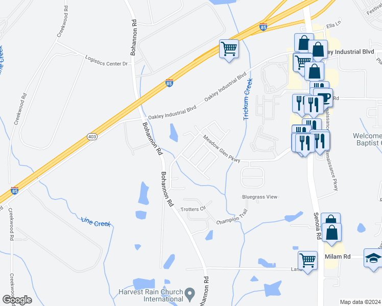 map of restaurants, bars, coffee shops, grocery stores, and more near 7012 Glen Valley Way in Fairburn
