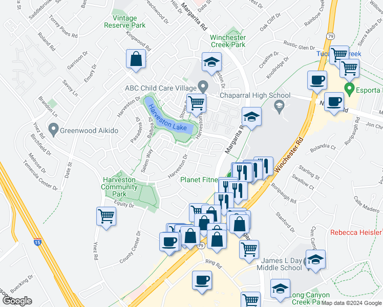 map of restaurants, bars, coffee shops, grocery stores, and more near 28953 Savannah Drive in Temecula