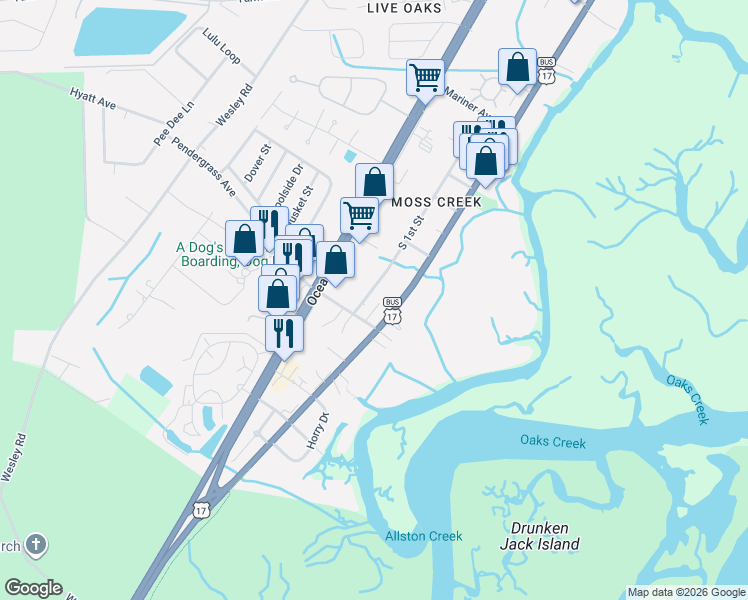 map of restaurants, bars, coffee shops, grocery stores, and more near 5098 U.S. 17 Business in Murrells Inlet