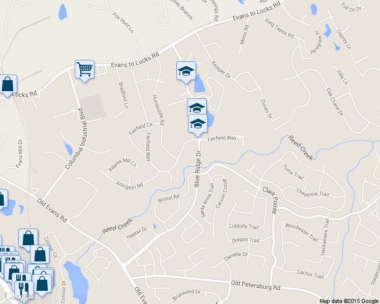 map of restaurants, bars, coffee shops, grocery stores, and more near 476 Fairfield Way in Evans