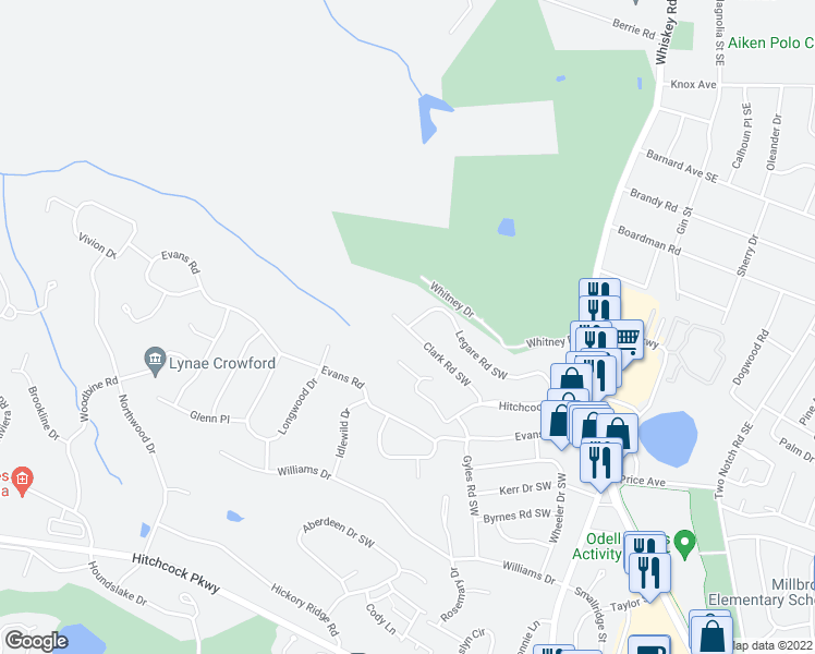 map of restaurants, bars, coffee shops, grocery stores, and more near 1028 Clark Road in Aiken