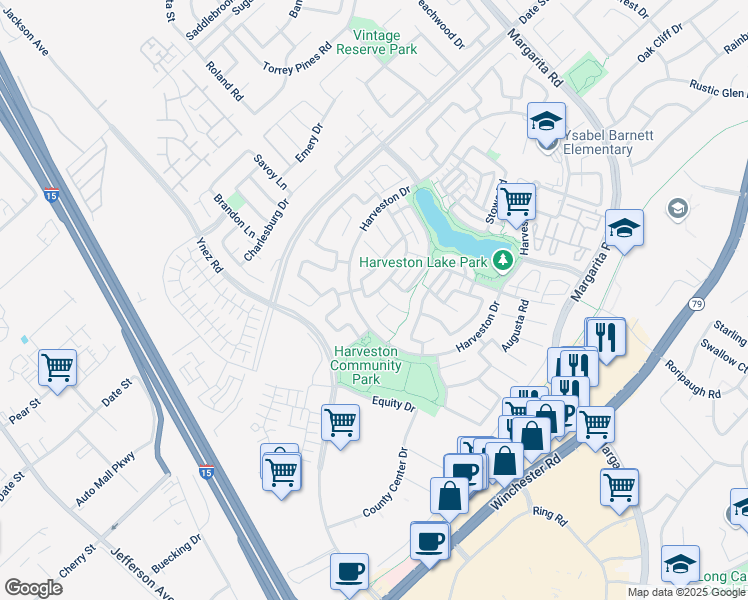 map of restaurants, bars, coffee shops, grocery stores, and more near 40296 Pasadena Drive in Temecula