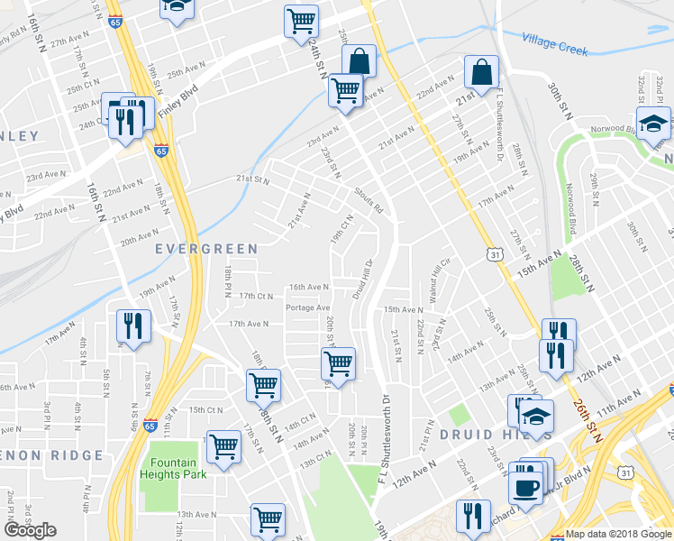 map of restaurants, bars, coffee shops, grocery stores, and more near 1605 20th Street North in Birmingham
