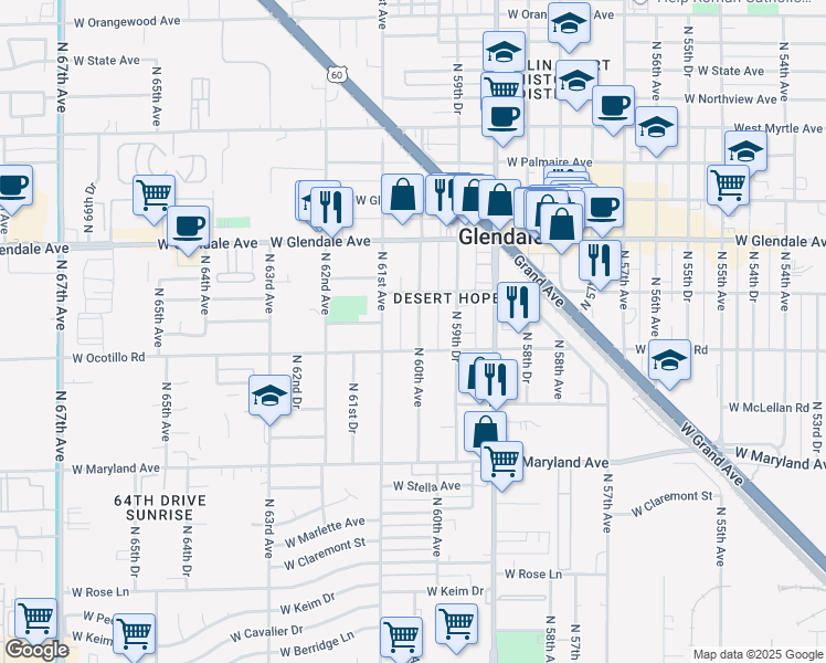 map of restaurants, bars, coffee shops, grocery stores, and more near 6718 North 60th Avenue in Glendale