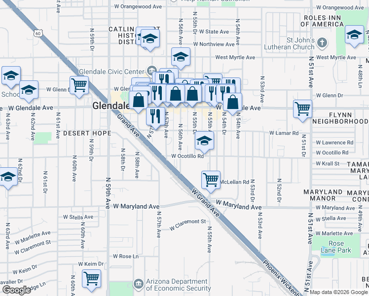 map of restaurants, bars, coffee shops, grocery stores, and more near 6714 North 55th Drive in Glendale