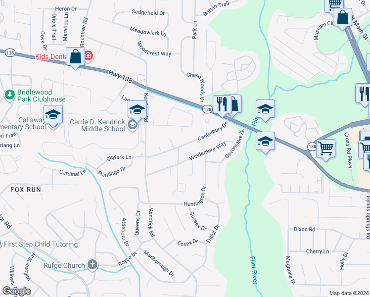 map of restaurants, bars, coffee shops, grocery stores, and more near 247 Canterbury Drive in Jonesboro