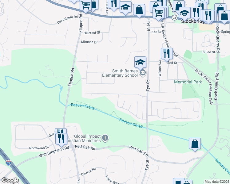 map of restaurants, bars, coffee shops, grocery stores, and more near 150 Glynn Addy Drive in Stockbridge