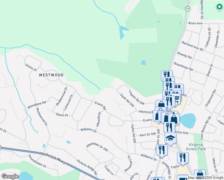 map of restaurants, bars, coffee shops, grocery stores, and more near 1037 Clark Road Southwest in Aiken