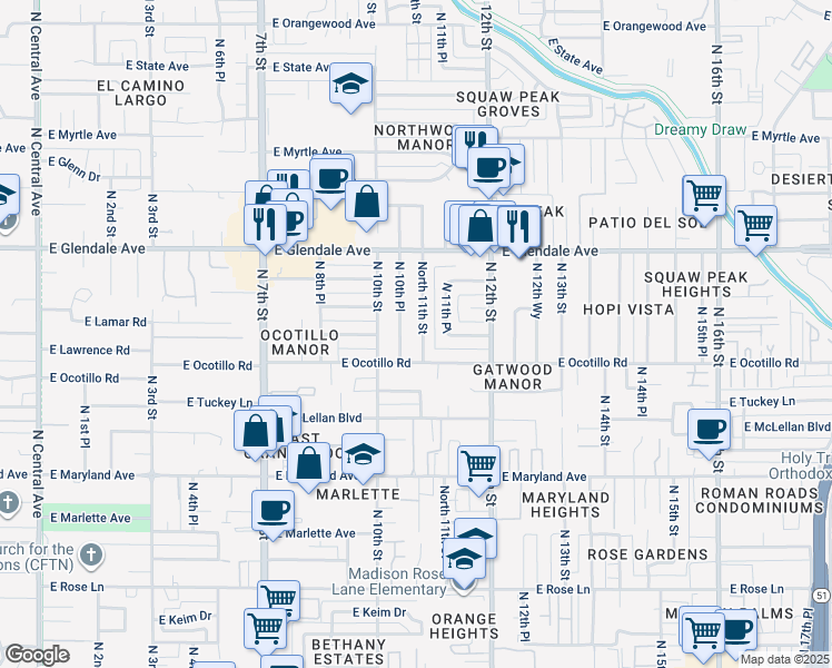 map of restaurants, bars, coffee shops, grocery stores, and more near 6726 North 11th Street in Phoenix