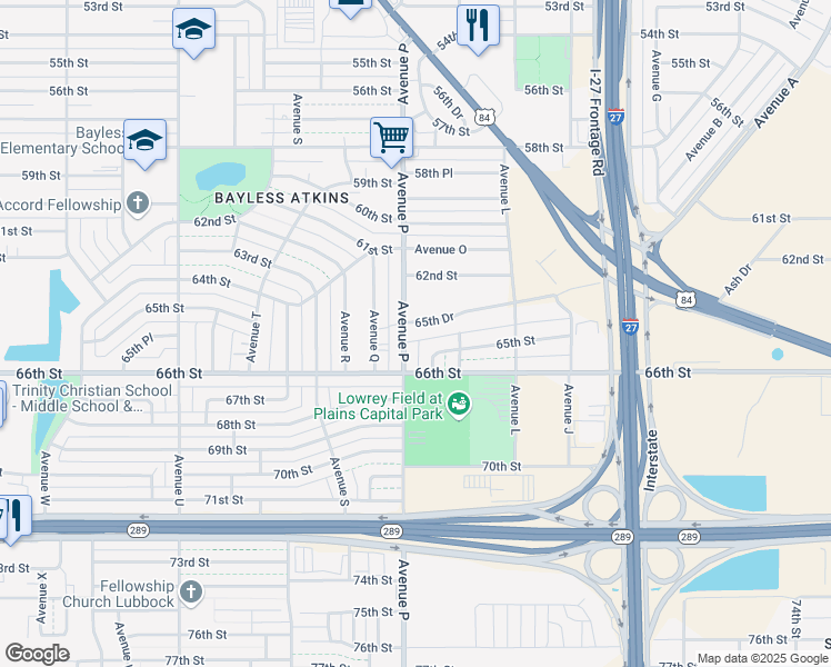 map of restaurants, bars, coffee shops, grocery stores, and more near 1347 65th Drive in Lubbock