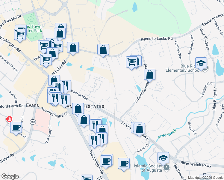 map of restaurants, bars, coffee shops, grocery stores, and more near 429 Evans Mill Drive in Evans