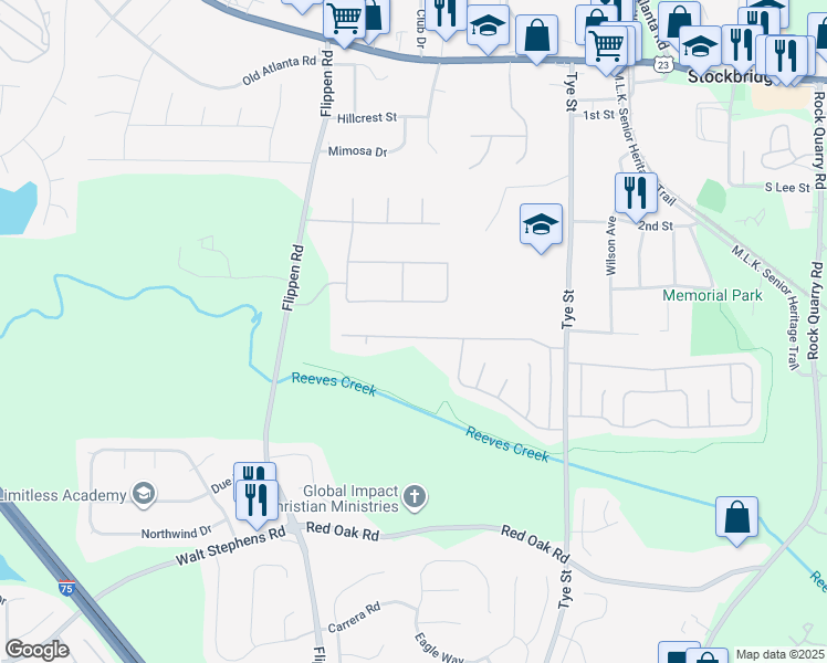 map of restaurants, bars, coffee shops, grocery stores, and more near 168 Glynn Addy Drive in Stockbridge