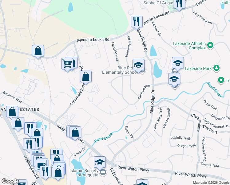 map of restaurants, bars, coffee shops, grocery stores, and more near 4229 Fairfield Circle in Evans