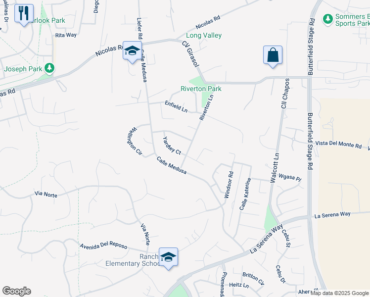 map of restaurants, bars, coffee shops, grocery stores, and more near 31094 Riverton Lane in Temecula