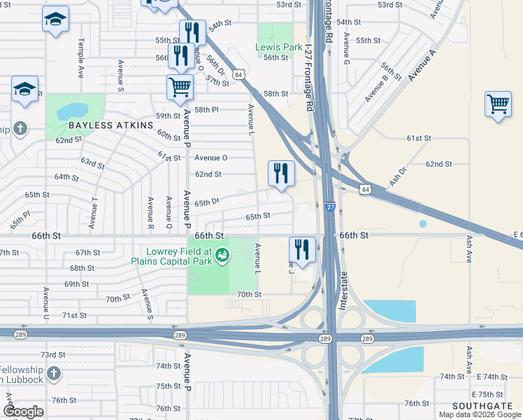 map of restaurants, bars, coffee shops, grocery stores, and more near 1118 65th St in Lubbock