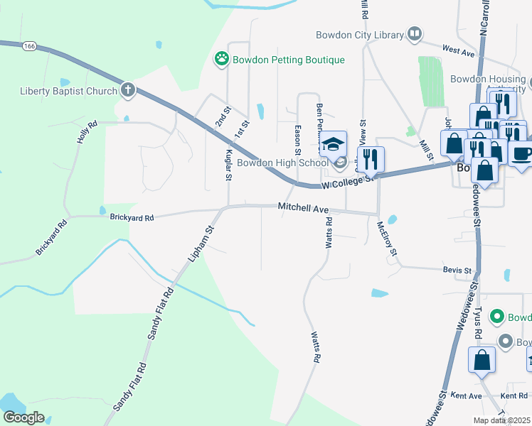 map of restaurants, bars, coffee shops, grocery stores, and more near 611 Mitchell Avenue in Bowdon