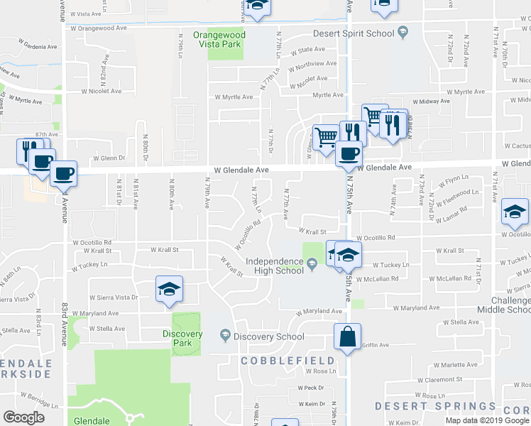 map of restaurants, bars, coffee shops, grocery stores, and more near 7726 West Ocotillo Road in Glendale