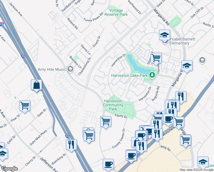 map of restaurants, bars, coffee shops, grocery stores, and more near 40334 Corrigan Place in Temecula