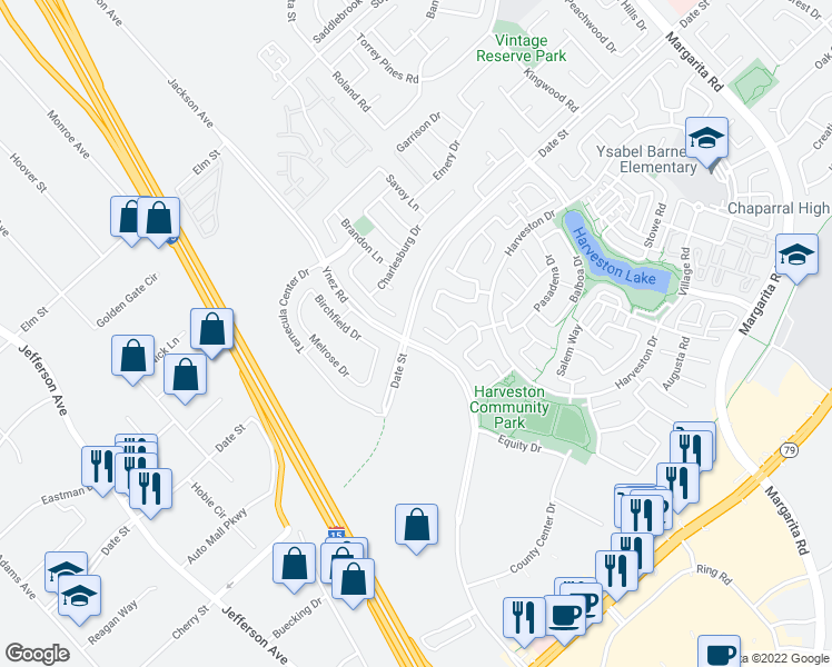 map of restaurants, bars, coffee shops, grocery stores, and more near 28411 Plymouth Way in Temecula