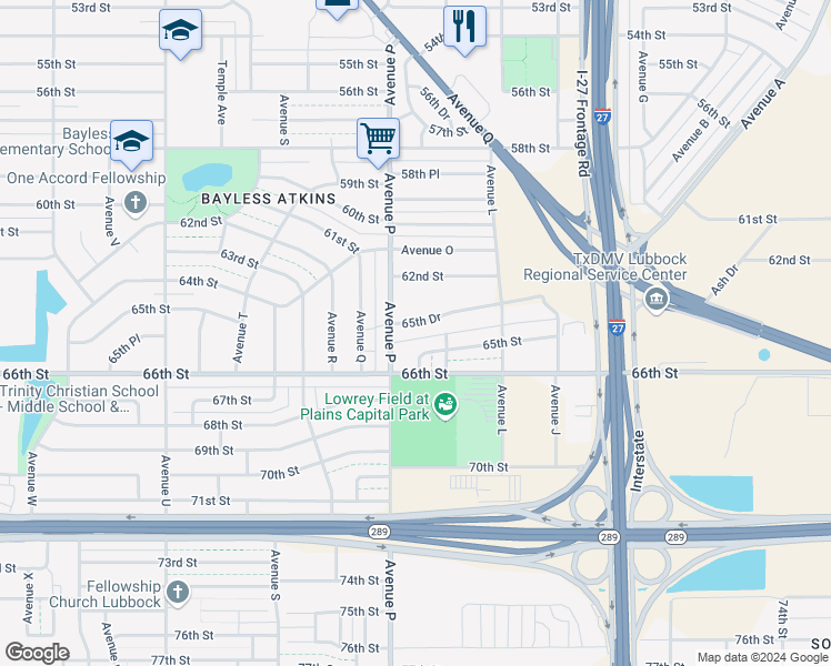 map of restaurants, bars, coffee shops, grocery stores, and more near 6408 Avenue O in Lubbock